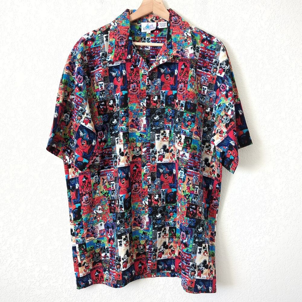 VTG Disney All Over Mickey Mouse‎ Men's Shirt Size Large Button Up Artist Mosaic
